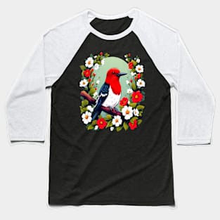 Cute Red Headed Woodpecker Surrounded by Vibrant Flowers Baseball T-Shirt